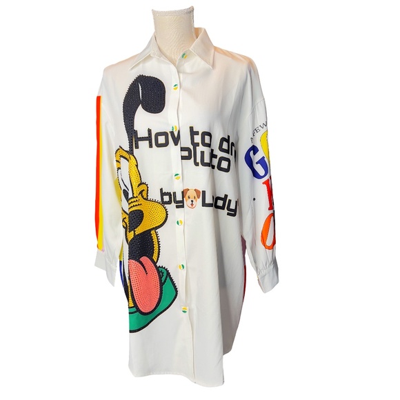 # A223  Nancy  Pluto Cartoon  Print Shirt Dress Disney  White Multi  NWT  S - Picture 4 of 12